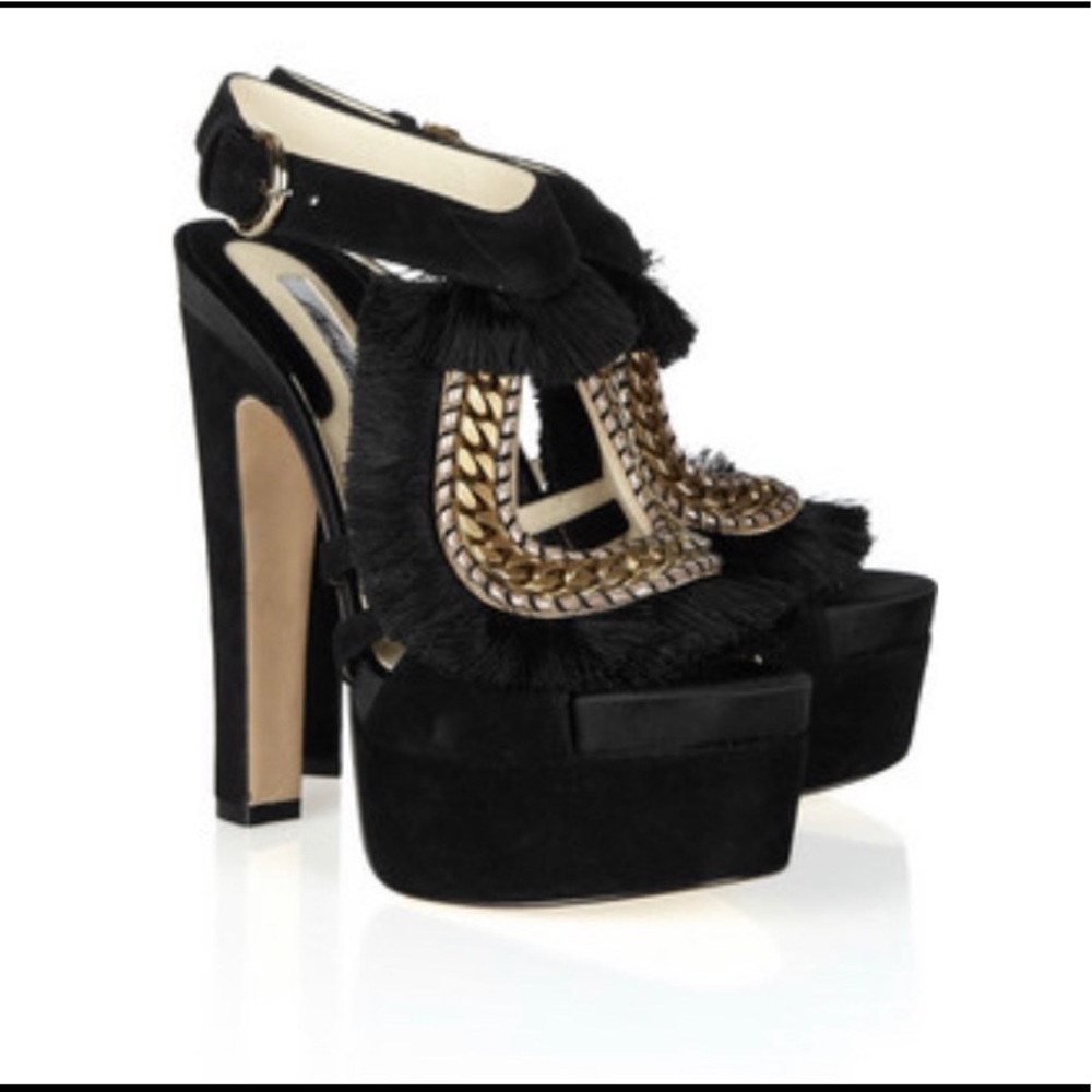 Brian Atwood Blanco Fringe & Chaintrimmed Sandals